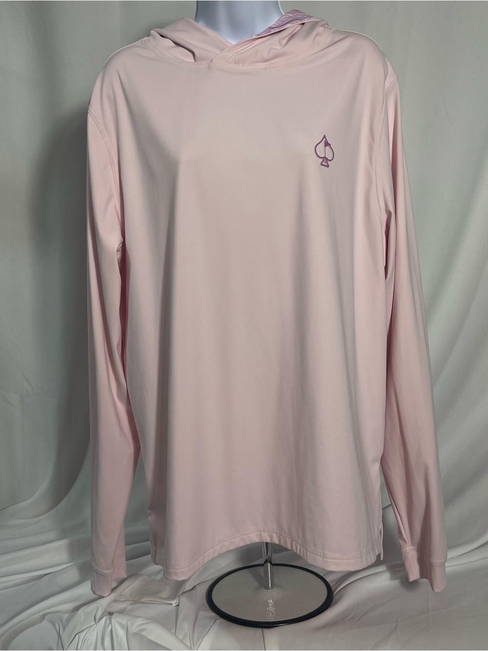 Pins & Aces Pink Hooded Long Sleeve Athletic Top w/Spade Logo. Golf Athleisure